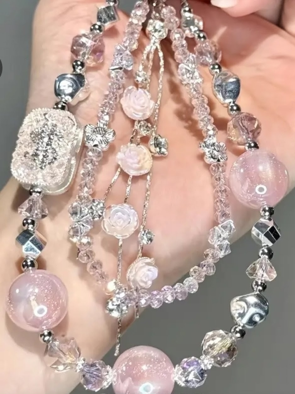 Rose Crystal Beaded in Soft Pink,Camera,Phone Or Wallet Chain Wrist strap